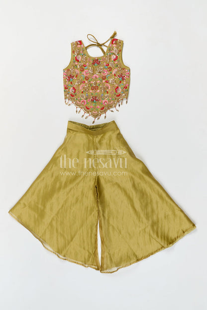 The Nesavu Girls Sharara / Plazo Set Girls Embroidered Sharara Set in Silk Blend for Festive and Wedding Wear Nesavu Nesavu girls viscose blend silk sharara set with embroidered yoke for festive wear