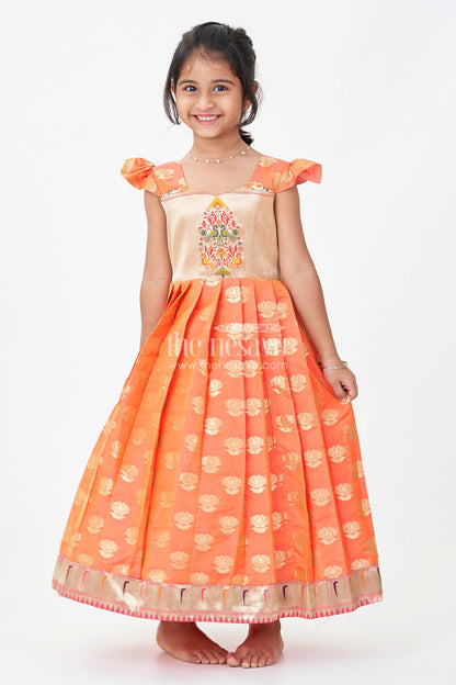 The Nesavu Girls Silk Gown Girls Ethnic Anarkali Gown in Pink Semi Banaras Silk with Paithani Yoke and Festive Flare Nesavu 18 (2Y) / Pink / Style 1 GA322AA-18 Nesavu Girls Ethnic Anarkali Gown in Pink Banaras Silk with Paithani Embroidered Yoke and Golden Motifs