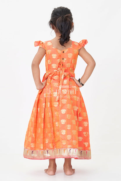 The Nesavu Girls Silk Gown Girls Ethnic Anarkali Gown in Pink Semi Banaras Silk with Paithani Yoke and Festive Flare Nesavu Nesavu Girls Ethnic Anarkali Gown in Pink Banaras Silk with Paithani Embroidered Yoke and Golden Motifs