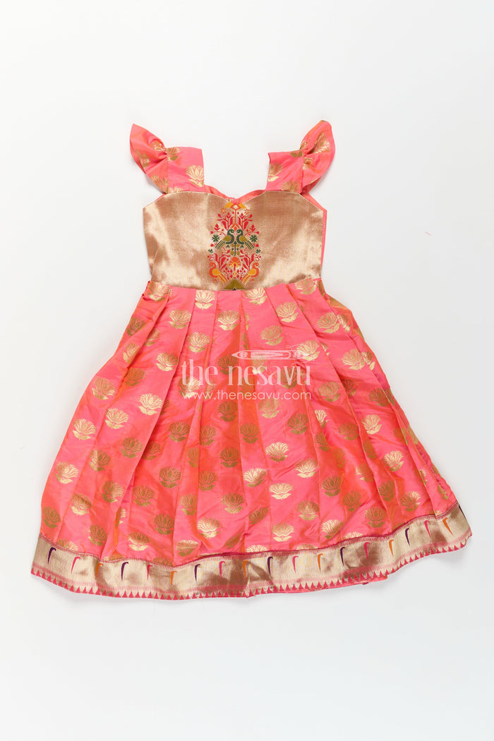 The Nesavu Girls Silk Gown Girls Ethnic Anarkali Gown in Pink Semi Banaras Silk with Paithani Yoke and Festive Flare Nesavu Nesavu Girls Ethnic Anarkali Gown in Pink Banaras Silk with Paithani Embroidered Yoke and Golden Motifs