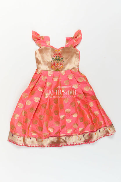 The Nesavu Girls Silk Gown Girls Ethnic Anarkali Gown in Pink Semi Banaras Silk with Paithani Yoke and Festive Flare Nesavu Nesavu Girls Ethnic Anarkali Gown in Pink Banaras Silk with Paithani Embroidered Yoke and Golden Motifs