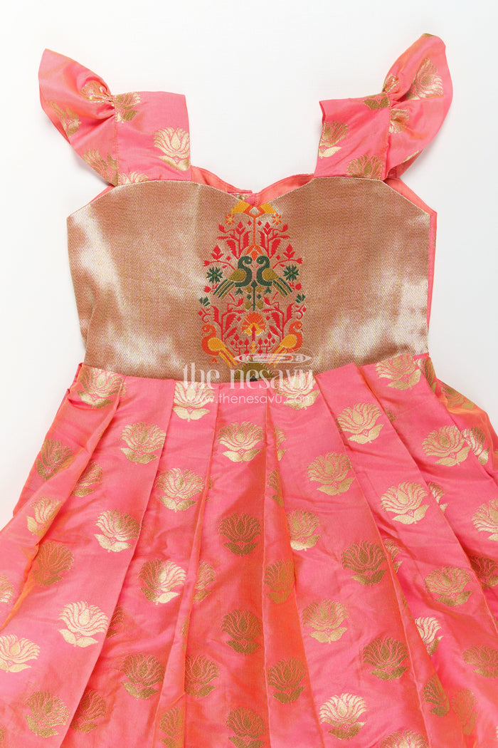The Nesavu Girls Silk Gown Girls Ethnic Anarkali Gown in Pink Semi Banaras Silk with Paithani Yoke and Festive Flare Nesavu Nesavu Girls Ethnic Anarkali Gown in Pink Banaras Silk with Paithani Embroidered Yoke and Golden Motifs