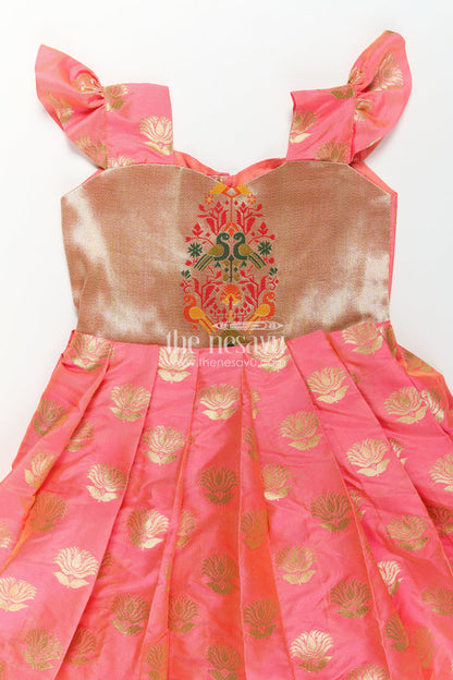 The Nesavu Girls Silk Gown Girls Ethnic Anarkali Gown in Pink Semi Banaras Silk with Paithani Yoke and Festive Flare Nesavu Nesavu Girls Ethnic Anarkali Gown in Pink Banaras Silk with Paithani Embroidered Yoke and Golden Motifs