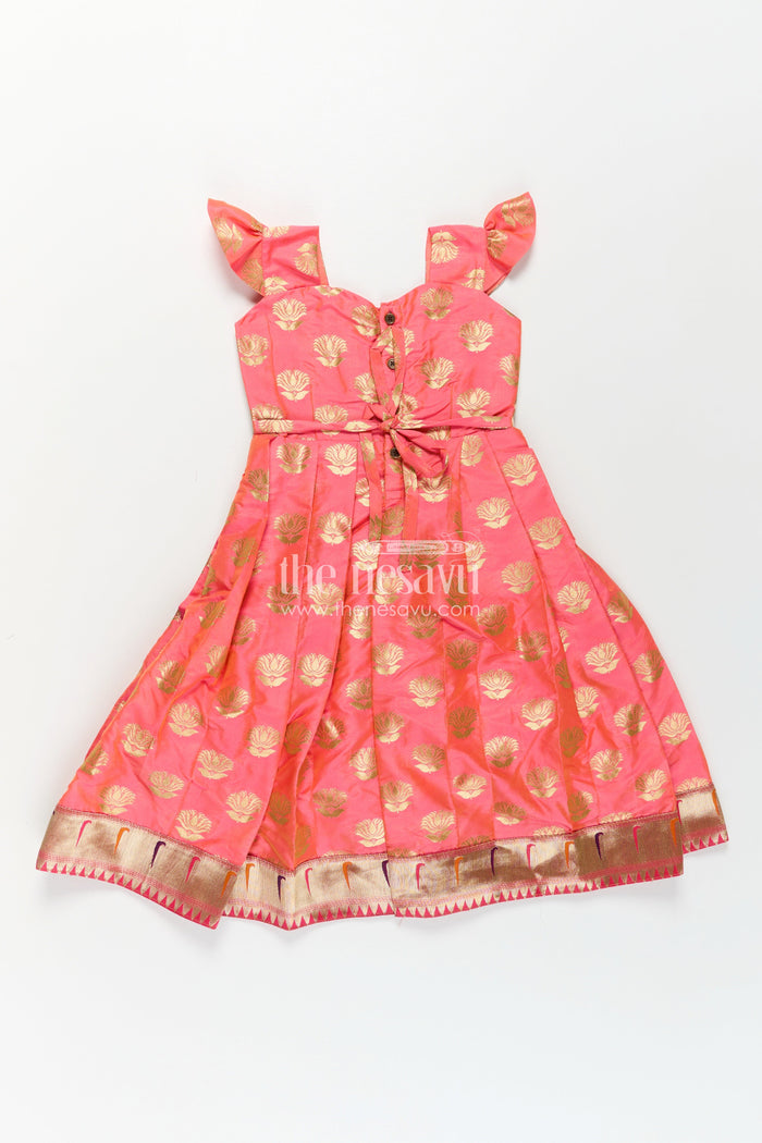 The Nesavu Girls Silk Gown Girls Ethnic Anarkali Gown in Pink Semi Banaras Silk with Paithani Yoke and Festive Flare Nesavu Nesavu Girls Ethnic Anarkali Gown in Pink Banaras Silk with Paithani Embroidered Yoke and Golden Motifs
