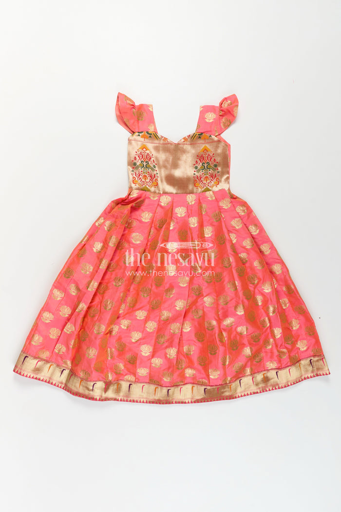 The Nesavu Girls Silk Gown Girls Ethnic Anarkali Gown in Pink Semi Banaras Silk with Paithani Yoke and Festive Flare Nesavu 24 (5Y) / Pink / Style 2 GA322AB-24 Nesavu Girls Ethnic Anarkali Gown in Pink Banaras Silk with Paithani Embroidered Yoke and Golden Motifs