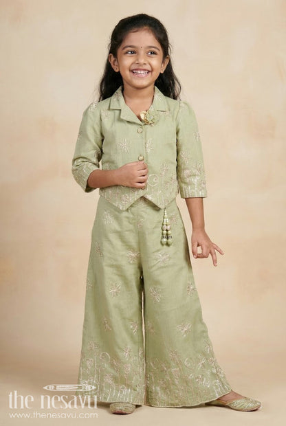 The Nesavu Girls Co-Ord Sets Girls Ethnic Co-Ord Set with Zari Embroidery for Festive and School Events Nesavu 24 (5Y) / Green GPS639A-24 Nesavu girls embroidered rayon co-ord set zari work ethnic school festive wear