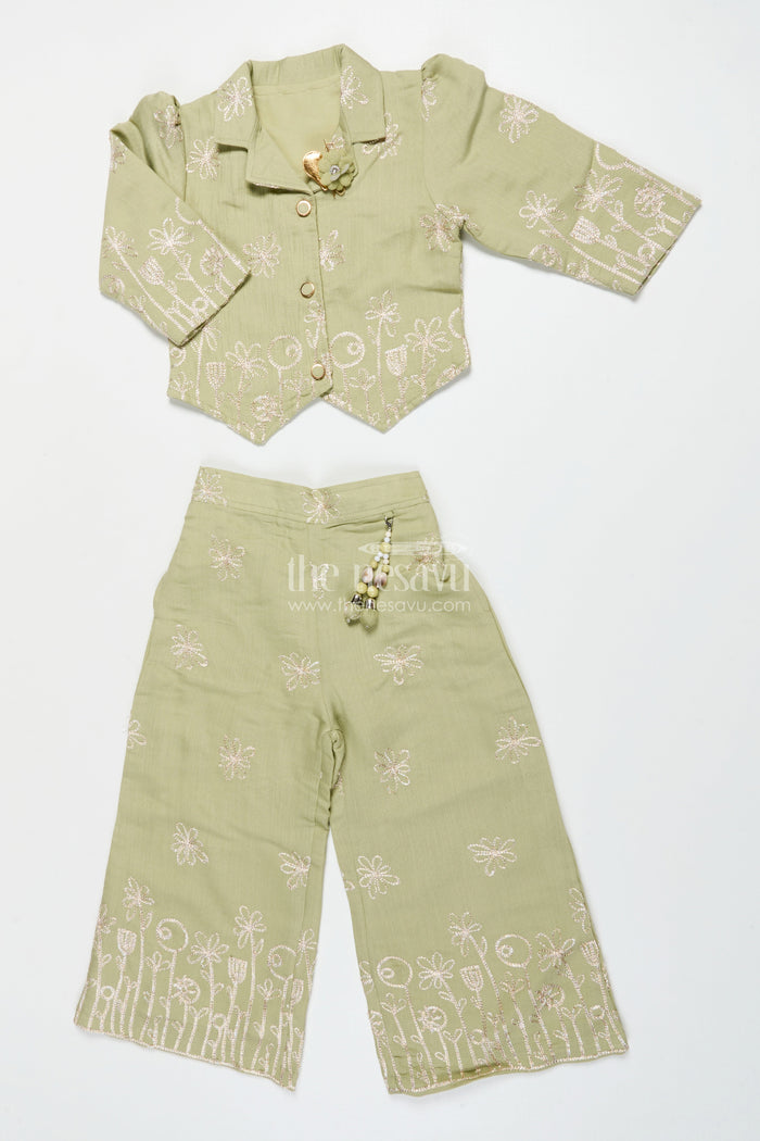The Nesavu Girls Co-Ord Sets Girls Ethnic Co-Ord Set with Zari Embroidery for Festive and School Events Nesavu 24 (5Y) / Green GPS639A-24 Nesavu girls embroidered rayon co-ord set zari work ethnic school festive wear
