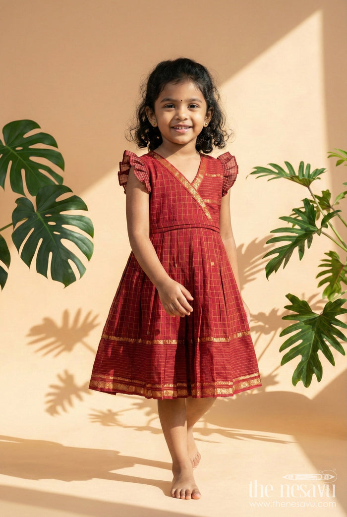 The Nesavu Girls Cotton Frock Girls Ethnic Cotton Frock for Festivals and Family Gatherings Nesavu 22 (4Y) / Red / Cotton GFC2068B-22 Nesavu ethnic girls cotton frock with gold border for festive family functions and cultural events