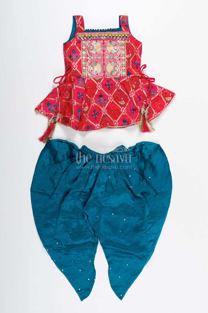 The Nesavu Girls Dothi Sets Girls ethnic dhoti set with digital print top for festive dressing Nesavu 18 (2Y) / Pink GPS756A-18 Nesavu ethnic dhoti set girls digital print top festive tassel details