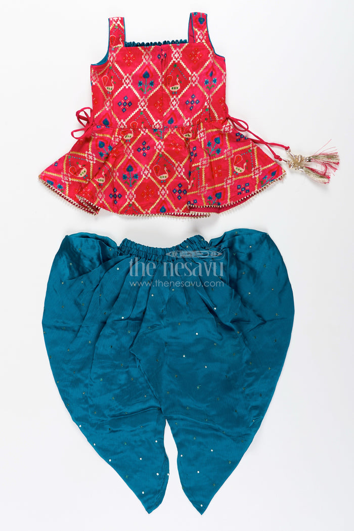 The Nesavu Girls Dothi Sets Girls ethnic dhoti set with digital print top for festive dressing Nesavu Nesavu ethnic dhoti set girls digital print top festive tassel details
