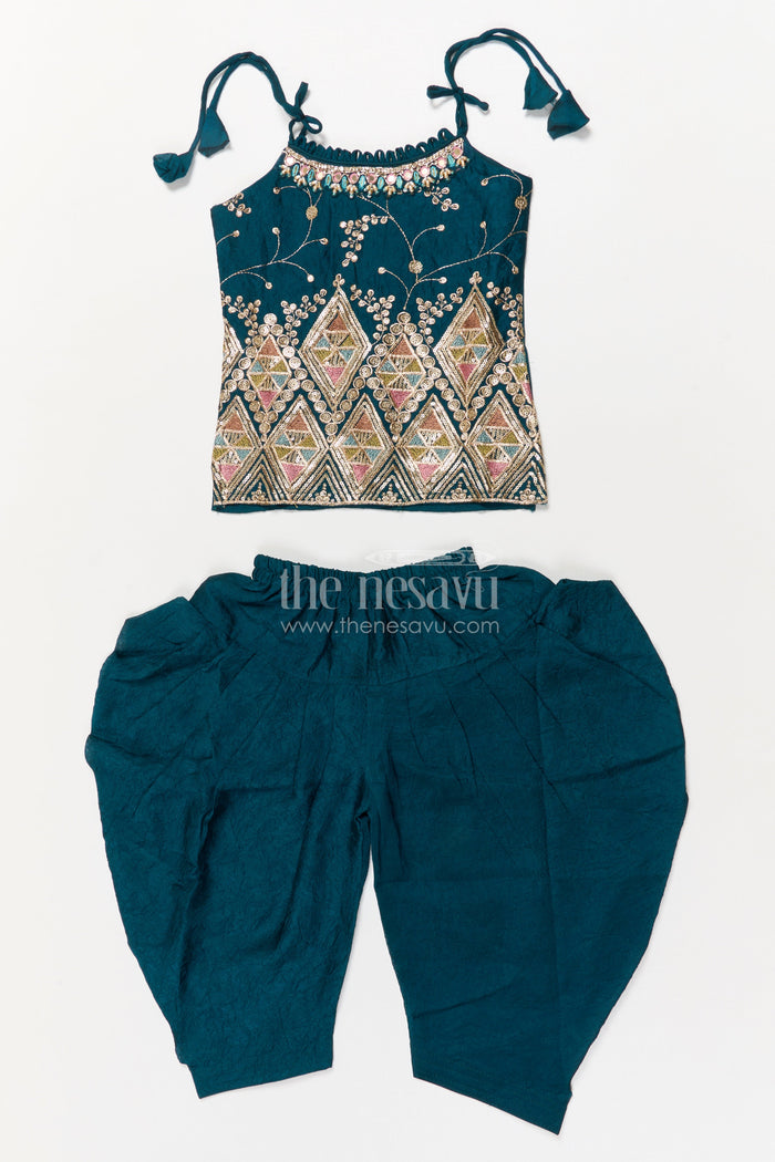 The Nesavu Girls Dothi Sets Girls Ethnic Dhoti Set with Mirror Work Top and Dupatta for Cultural Celebrations Nesavu 16 (1Y) / Turquoise / Georgette GPS930B-16 Nesavu ethnic girls dhoti set with embroidered top and dupatta for weddings and festivals