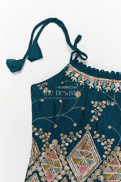 The Nesavu Girls Dothi Sets Girls Ethnic Dhoti Set with Mirror Work Top and Dupatta for Cultural Celebrations Nesavu Nesavu ethnic girls dhoti set with embroidered top and dupatta for weddings and festivals