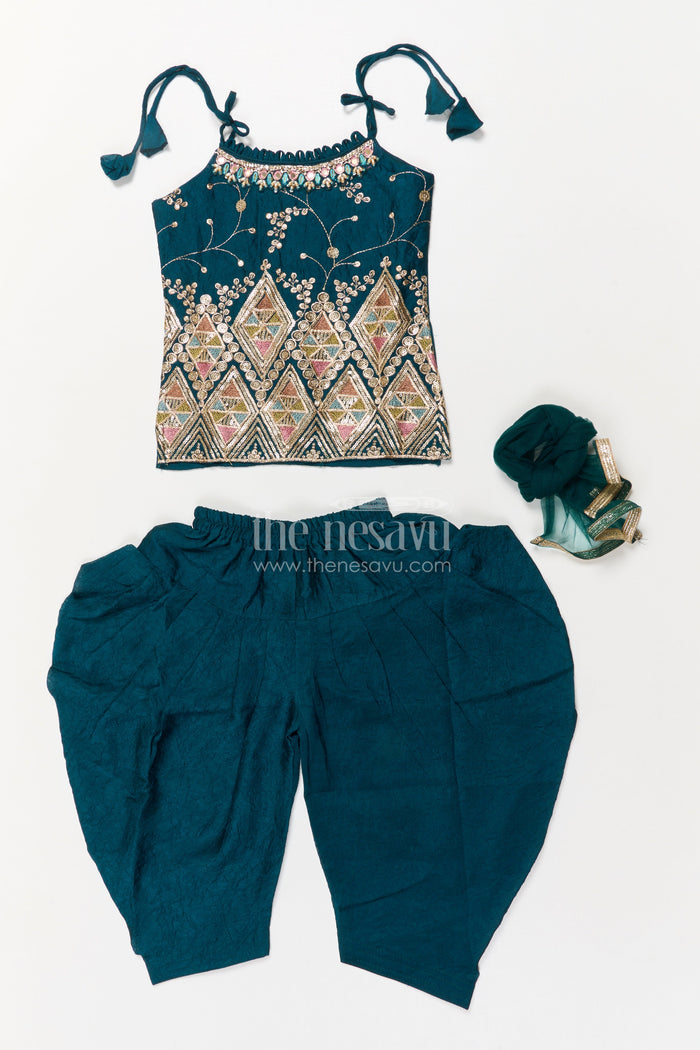 The Nesavu Girls Dothi Sets Girls Ethnic Dhoti Set with Mirror Work Top and Dupatta for Cultural Celebrations Nesavu Nesavu ethnic girls dhoti set with embroidered top and dupatta for weddings and festivals