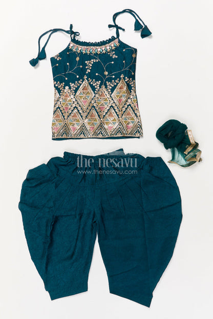 The Nesavu Girls Dothi Sets Girls Ethnic Dhoti Set with Mirror Work Top and Dupatta for Cultural Celebrations Nesavu Nesavu ethnic girls dhoti set with embroidered top and dupatta for weddings and festivals