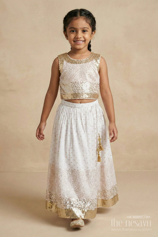 The Nesavu Girls Ethnic Lehenga Girls Ethnic Lehenga Set with Sequin Blouse for Weddings and Receptions Nesavu Nesavu girls poly silk lehenga set with sequin blouse and tassel dupatta for weddings and festive occasions