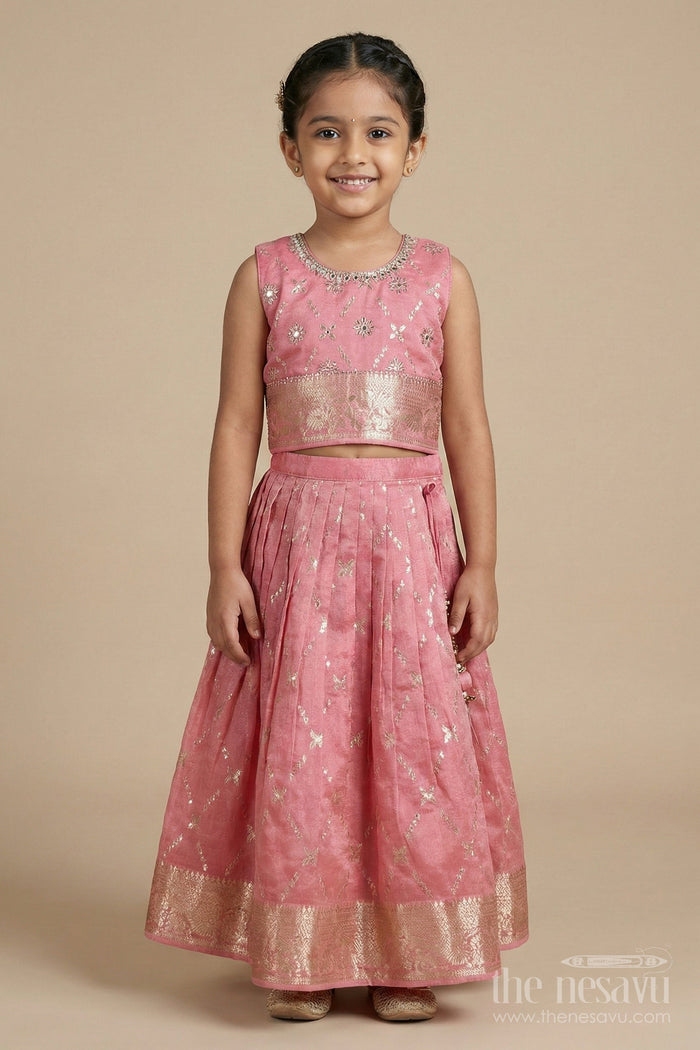The Nesavu Girls Ethnic Lehenga Girls Ethnic Lehenga Set with Zari Border for Weddings and Family Celebrations Nesavu Nesavu girls lehenga set with zari work and dupatta for weddings and traditional celebrations