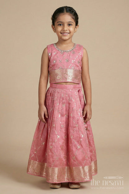 The Nesavu Girls Ethnic Lehenga Girls Ethnic Lehenga Set with Zari Border for Weddings and Family Celebrations Nesavu Nesavu girls lehenga set with zari work and dupatta for weddings and traditional celebrations