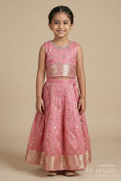 The Nesavu Girls Ethnic Lehenga Girls Ethnic Lehenga Set with Zari Border for Weddings and Family Celebrations Nesavu Nesavu girls lehenga set with zari work and dupatta for weddings and traditional celebrations