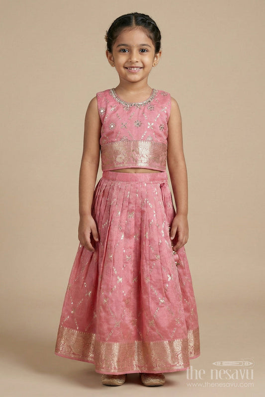 The Nesavu Girls Ethnic Lehenga Girls Ethnic Lehenga Set with Zari Border for Weddings and Family Celebrations Nesavu Nesavu girls lehenga set with zari work and dupatta for weddings and traditional celebrations