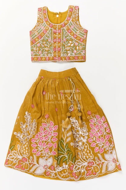The Nesavu Girls Ethnic Lehenga Girls Ethnic Lehenga with Embroidered Blouse and Tassel Detail for Festive Occasions Nesavu 18 (2Y) / Yellow / Georgette GL850A-18 Nesavu girls ethnic lehenga with embroidered blouse and tassel tie-up for festive celebrations