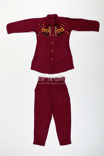 The Nesavu Girls Co-Ord Sets Girls Ethnic Plazzo Kurta Set with Floral Neckline Embroidery Nesavu Nesavu girls floral embroidered plazzo kurta set breathable viscose  festive school-ready