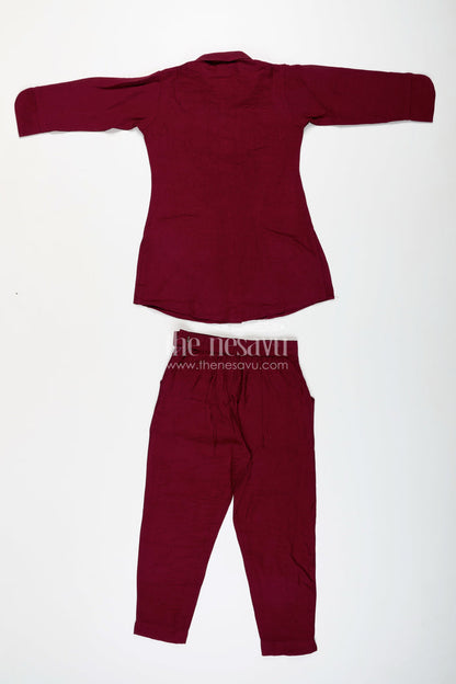 The Nesavu Girls Co-Ord Sets Girls Ethnic Plazzo Kurta Set with Floral Neckline Embroidery Nesavu Nesavu girls floral embroidered plazzo kurta set breathable viscose  festive school-ready
