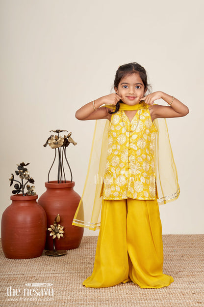 The Nesavu Girls Sharara / Plazo Set Girls Ethnic Set for Parties in Mustard Yellow Georgette with Embroidered Yoke and Palazzo Pants Nesavu 22 (4Y) / Yellow GPS628A-22 Nesavu Mustard Yellow Girls Ethnic Party Set Georgette Palazzo Pants Embroidered Sleeveless Top