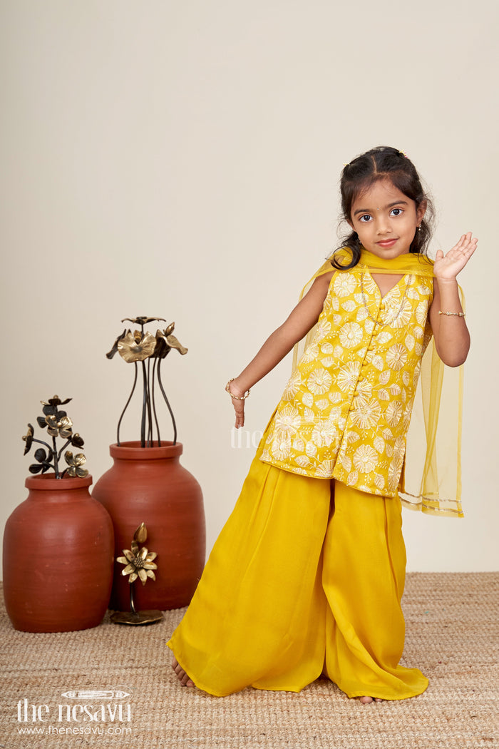 The Nesavu Girls Sharara / Plazo Set Girls Ethnic Set for Parties in Mustard Yellow Georgette with Embroidered Yoke and Palazzo Pants Nesavu Nesavu Mustard Yellow Girls Ethnic Party Set Georgette Palazzo Pants Embroidered Sleeveless Top