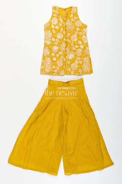 The Nesavu Girls Sharara / Plazo Set Girls Ethnic Set for Parties in Mustard Yellow Georgette with Embroidered Yoke and Palazzo Pants Nesavu Nesavu Mustard Yellow Girls Ethnic Party Set Georgette Palazzo Pants Embroidered Sleeveless Top