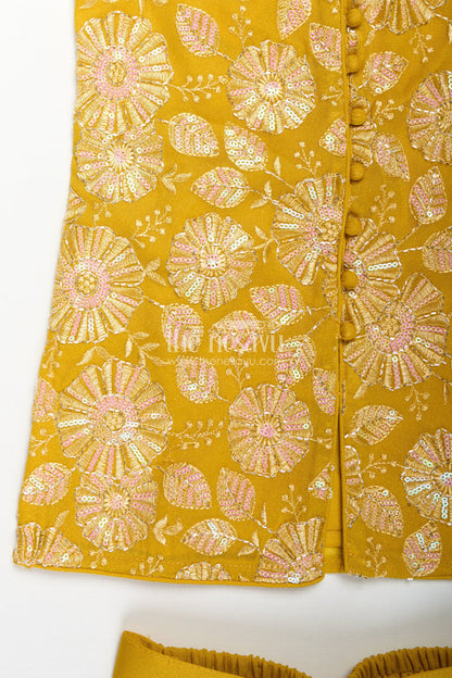 The Nesavu Girls Sharara / Plazo Set Girls Ethnic Set for Parties in Mustard Yellow Georgette with Embroidered Yoke and Palazzo Pants Nesavu Nesavu Mustard Yellow Girls Ethnic Party Set Georgette Palazzo Pants Embroidered Sleeveless Top