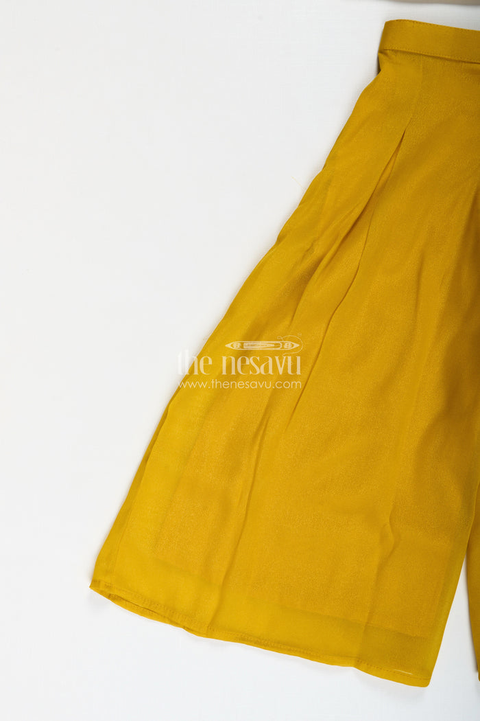 The Nesavu Girls Sharara / Plazo Set Girls Ethnic Set for Parties in Mustard Yellow Georgette with Embroidered Yoke and Palazzo Pants Nesavu Nesavu Mustard Yellow Girls Ethnic Party Set Georgette Palazzo Pants Embroidered Sleeveless Top