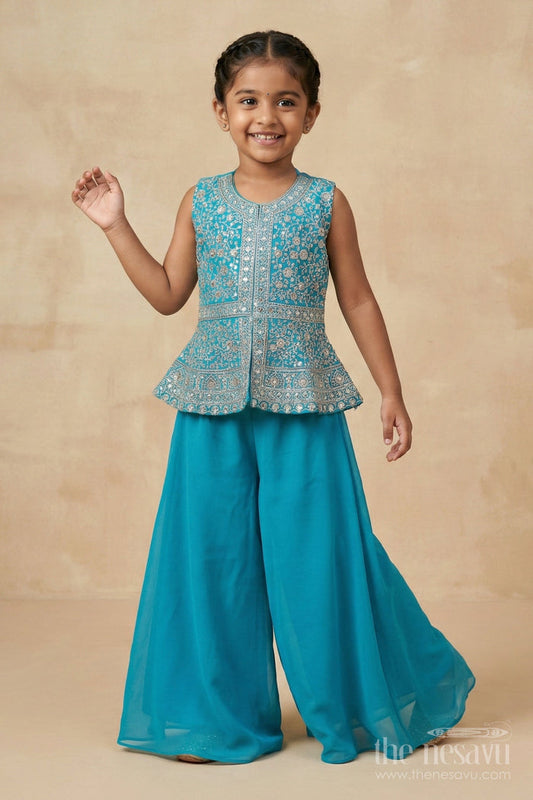 The Nesavu Girls Sharara / Plazo Set Girls Ethnic Sharara Set for Birthdays and Festive Occasions Nesavu Nesavu girls ethnic sharara set with peplum top and mirror work for festive parties