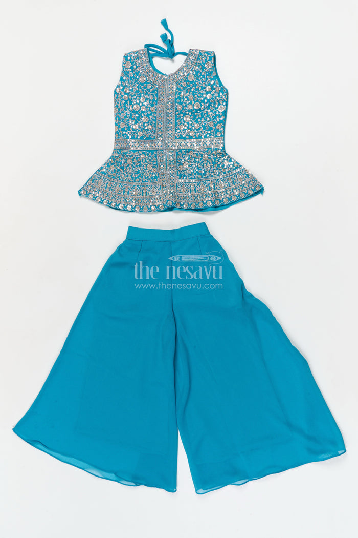 The Nesavu Girls Sharara / Plazo Set Girls Ethnic Sharara Set for Birthdays and Festive Occasions Nesavu 24 (5Y) / Blue / Georgette GPS951A-24 Nesavu girls ethnic sharara set with peplum top and mirror work for festive parties