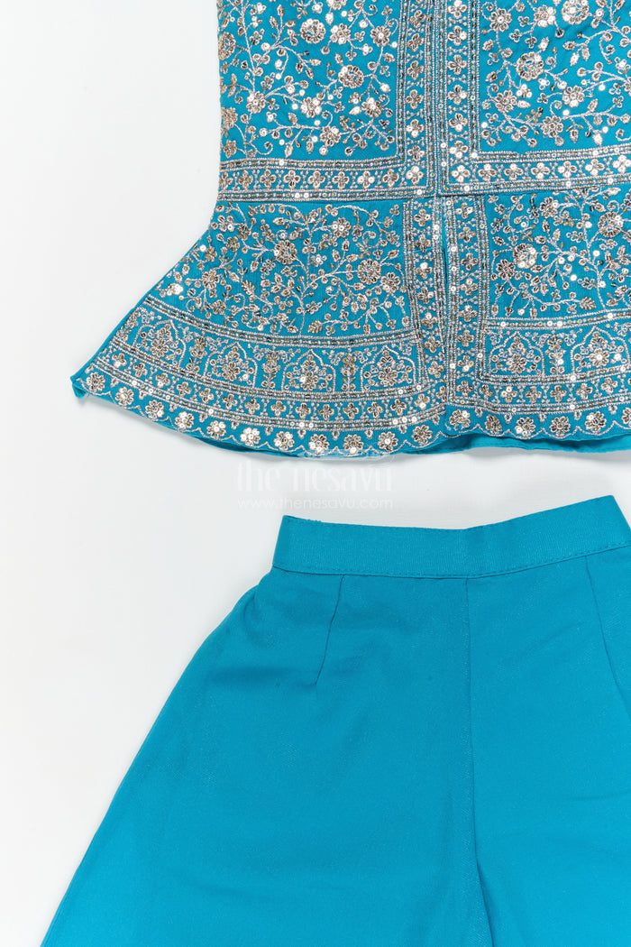 The Nesavu Girls Sharara / Plazo Set Girls Ethnic Sharara Set for Birthdays and Festive Occasions Nesavu Nesavu girls ethnic sharara set with peplum top and mirror work for festive parties