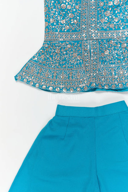 The Nesavu Girls Sharara / Plazo Set Girls Ethnic Sharara Set for Birthdays and Festive Occasions Nesavu Nesavu girls ethnic sharara set with peplum top and mirror work for festive parties