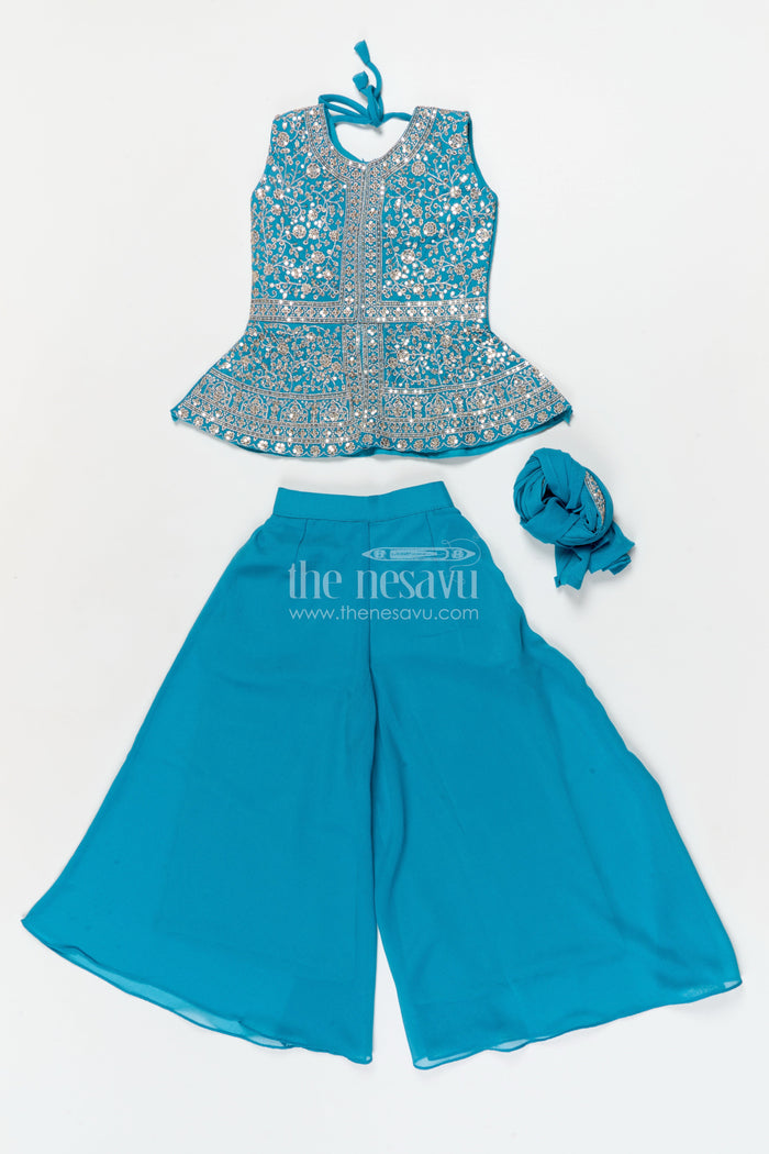 The Nesavu Girls Sharara / Plazo Set Girls Ethnic Sharara Set for Birthdays and Festive Occasions Nesavu Nesavu girls ethnic sharara set with peplum top and mirror work for festive parties