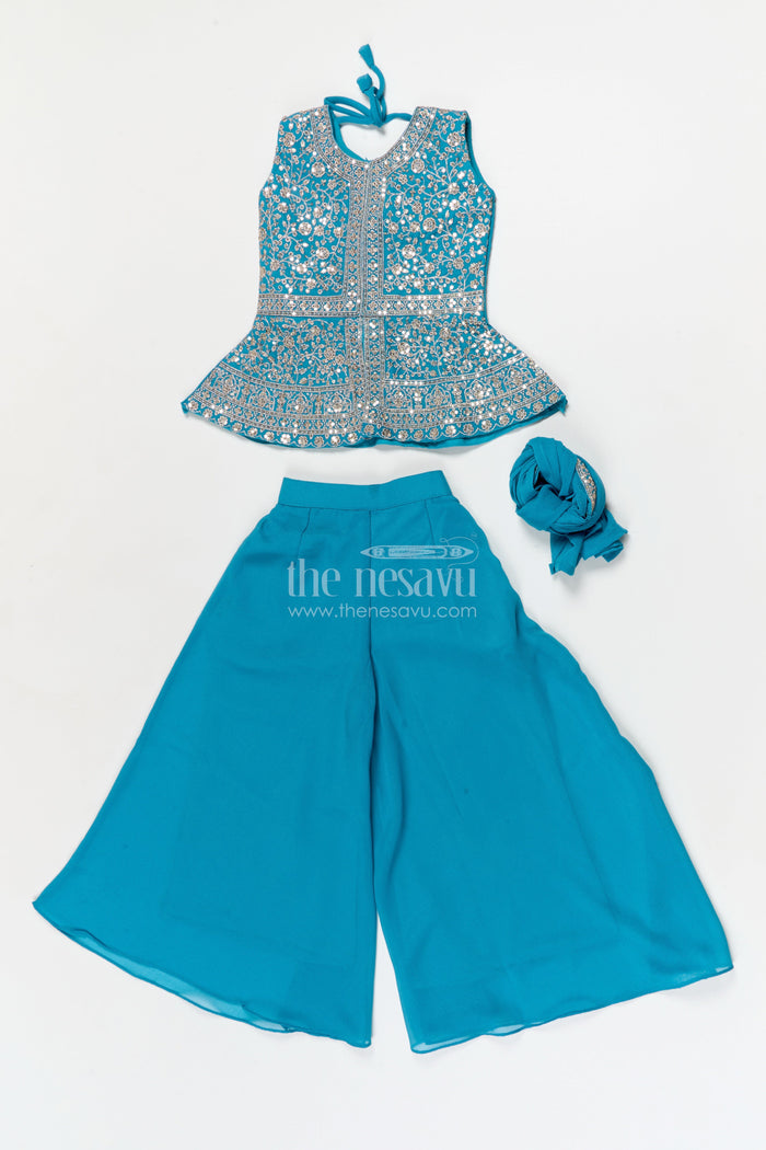The Nesavu Girls Sharara / Plazo Set Girls Ethnic Sharara Set for Birthdays and Festive Occasions Nesavu Nesavu girls ethnic sharara set with peplum top and mirror work for festive parties
