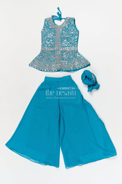The Nesavu Girls Sharara / Plazo Set Girls Ethnic Sharara Set for Birthdays and Festive Occasions Nesavu Nesavu girls ethnic sharara set with peplum top and mirror work for festive parties