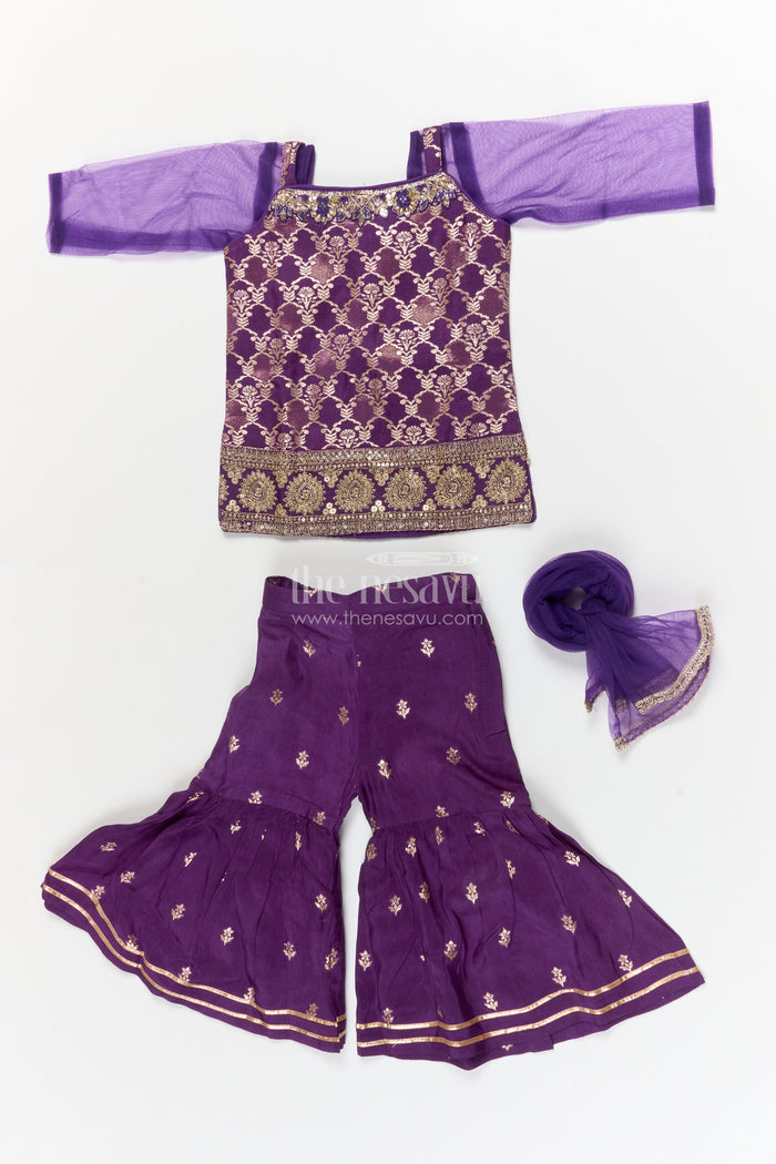 The Nesavu Girls Sharara / Plazo Set Girls Ethnic Sharara Set for Family Weddings and School Functions Nesavu Nesavu ethnic sharara set for girls with jacquard blouse – perfect for weddings and school functions