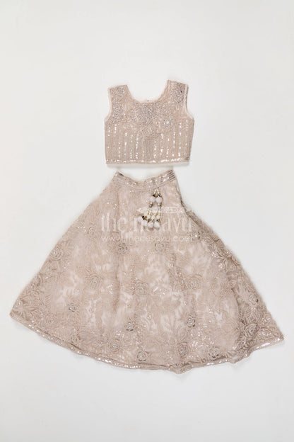 The Nesavu Girls Fancy Lehenga Girls Fancy Lehenga for Weddings and Grand Celebrations Nesavu 24 (5Y) / Cream / Net GL882A-24 Nesavu girls soft net embroidered lehenga for weddings grand celebrations and festive occasions