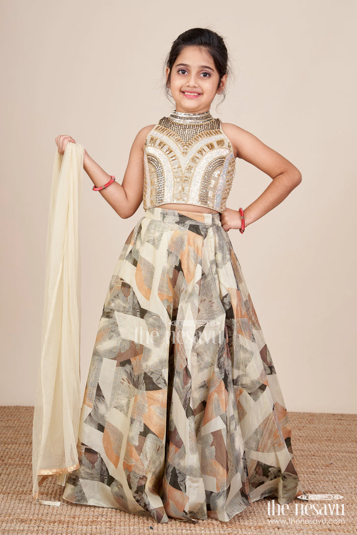 The Nesavu Girls Fancy Lehenga Girls Fancy Lehenga Set for Festive Occasions and Weddings Nesavu Nesavu girls fancy lehenga set printed skirt embroidered yoke weddings festive wear