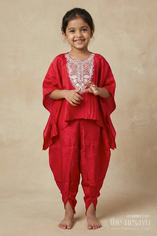 The Nesavu Girls Sharara / Plazo Set Girls Festive Draped Kurta and Dhoti Set In Viscose Muslin Silk with Embroidery Nesavu Nesavu girls embroidered silk kaftan dhoti set  festive ethnic outfit