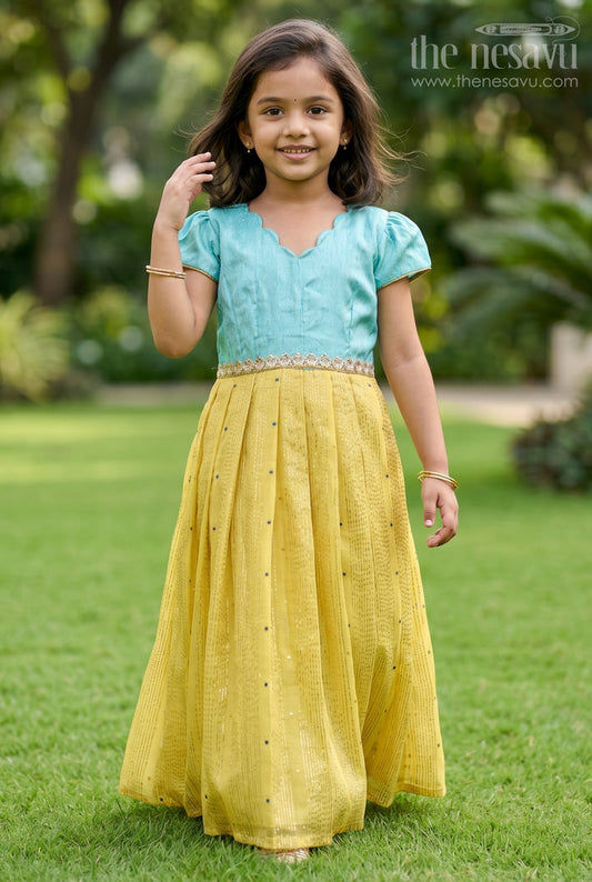 The Nesavu Girls Silk Gown Girls Festive Gown for Weddings and Special Occasions Nesavu 16 (1Y) / Turquoise / Silk GA392A-16 Nesavu Girls Festive Silk Gown With Jacquard Weave And Raw Silk Yoke For Weddings