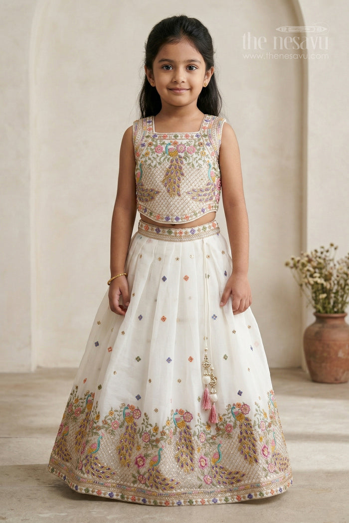 The Nesavu Girls Fancy Lehenga Girls Festive Lehenga for Weddings and Grand Celebrations Nesavu 16 (1Y) / Half white / Georgette GL885B-16 Nesavu girls crushed georgette festive lehenga for weddings and celebrations with embroidered yoke