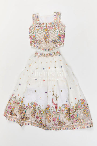 The Nesavu Girls Fancy Lehenga Girls Festive Lehenga for Weddings and Grand Celebrations Nesavu 16 (1Y) / Half white / Georgette GL885B-16 Nesavu girls crushed georgette festive lehenga for weddings and celebrations with embroidered yoke