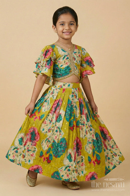 The Nesavu Girls Fancy Lehenga Girls Festive Lehenga with Floral Print and Puff Sleeve Blouse for Celebrations Nesavu Nesavu girls Chinon silk floral lehenga set with puff sleeve blouse for weddings and festive occasions