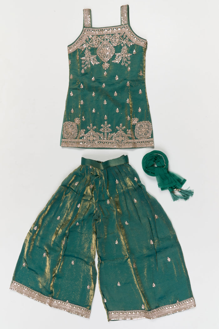 The Nesavu Girls Sharara / Plazo Set Girls Festive Sharara Outfit with Zari Thread Work and Flared Silhouette Nesavu Nesavu festive sharara set for girls with zari embroidery and dupatta – perfect for cultural events and weddings