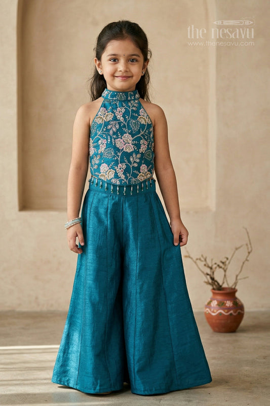 The Nesavu Girls Sharara / Plazo Set Girls Festive Sharara Set with Elegant Embroidery and Flared Pants Nesavu 18 (2Y) / Blue / Viscose GPS1021C-18 Nesavu girls viscose blend silk festive sharara set with embroidery and flared pants