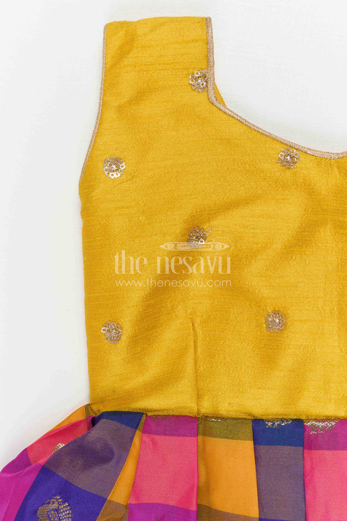 The Nesavu Silk Frock Girls Festive Silk Frock for Weddings and Traditional Functions Nesavu Nesavu Girls Festive Silk Frock With Colorful Checked Skirt For Weddings And Birthday Parties