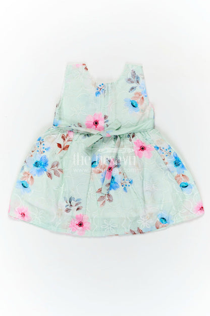 The Nesavu Baby Cotton Frocks Girls Floral Dress with Bow and Digital Printed Blooms in Soft Cotton for Toddlers and Young Kids Nesavu Nesavu Cotton Girls Floral Dress Bow Digital Printed Pastel Flowers Toddlers